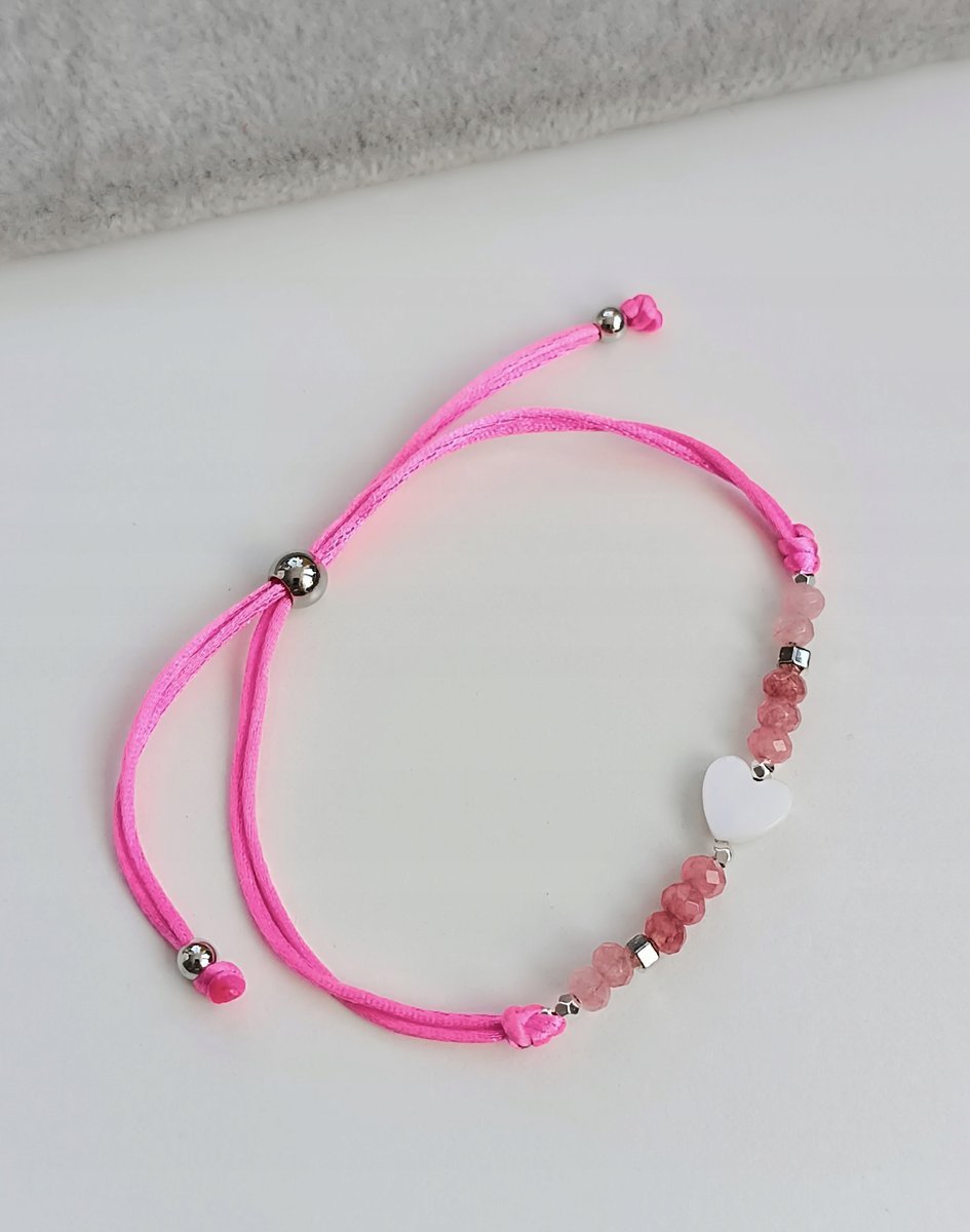 RÓŻOWA BRANSOLETKA REG SERCE MASA PERŁOWA AGAT HEMATYT WALENTYNKI STAL