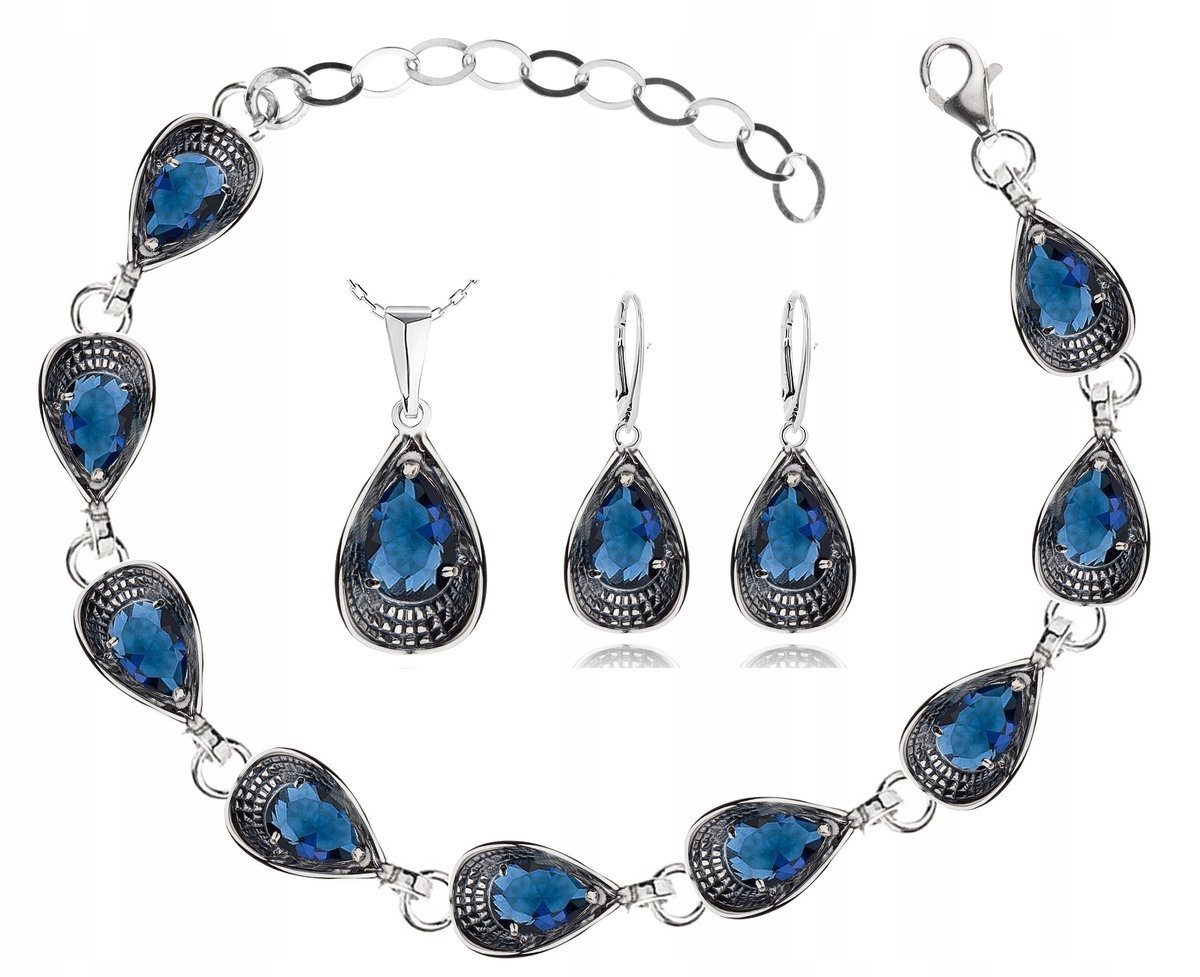 Srebrny Komplet Biżuterii Niebieskie Cyrkonie 925!