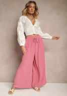 Spodnie damskie - Różowe Spodnie Palazzo o Szerokim Kroju Ozdobione Sznurkiem Ularira - miniaturka - grafika 1