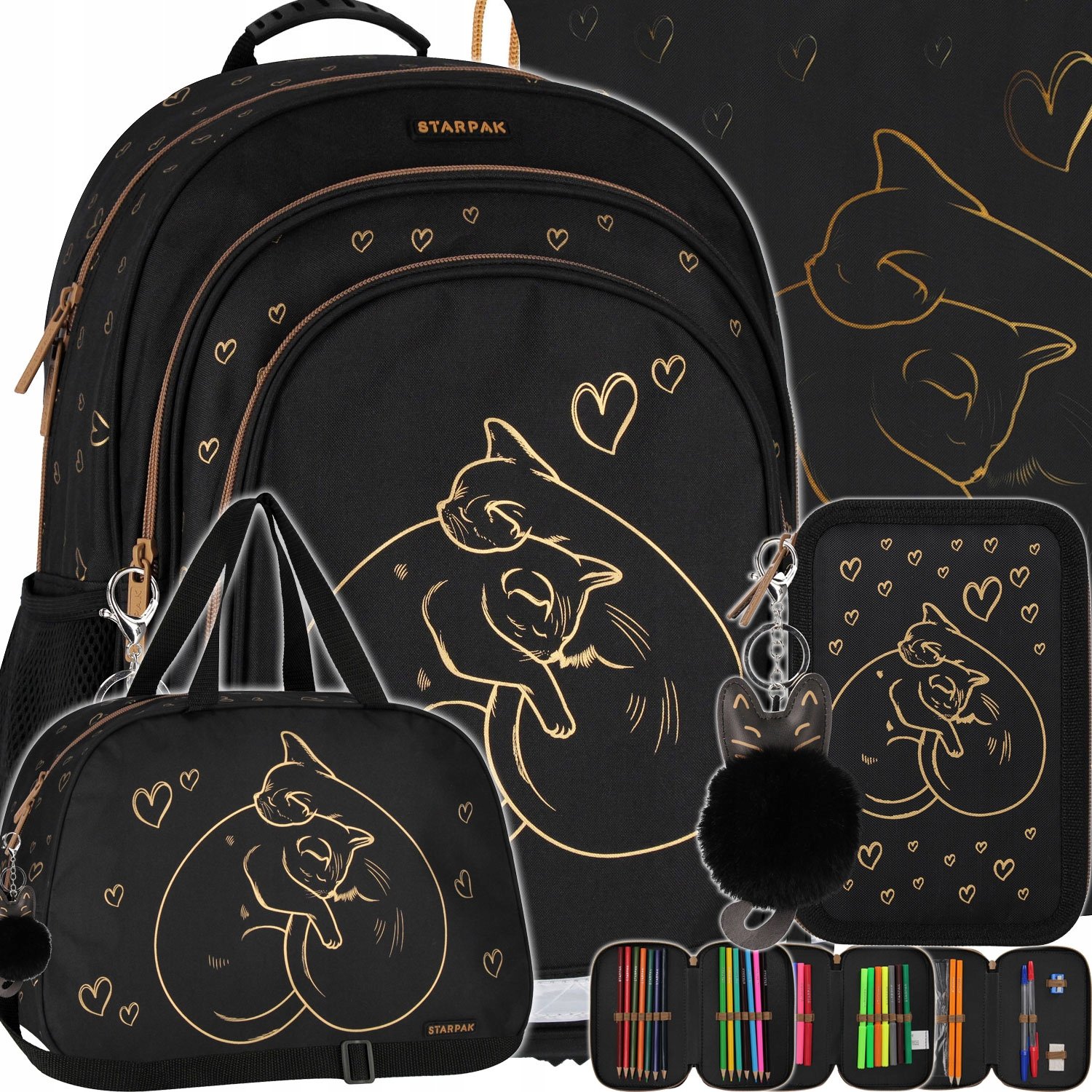 Plecak Szkolny Dla Dziewczynki Czarny Złoty Kot Torba Piórnik Trzykomorowy