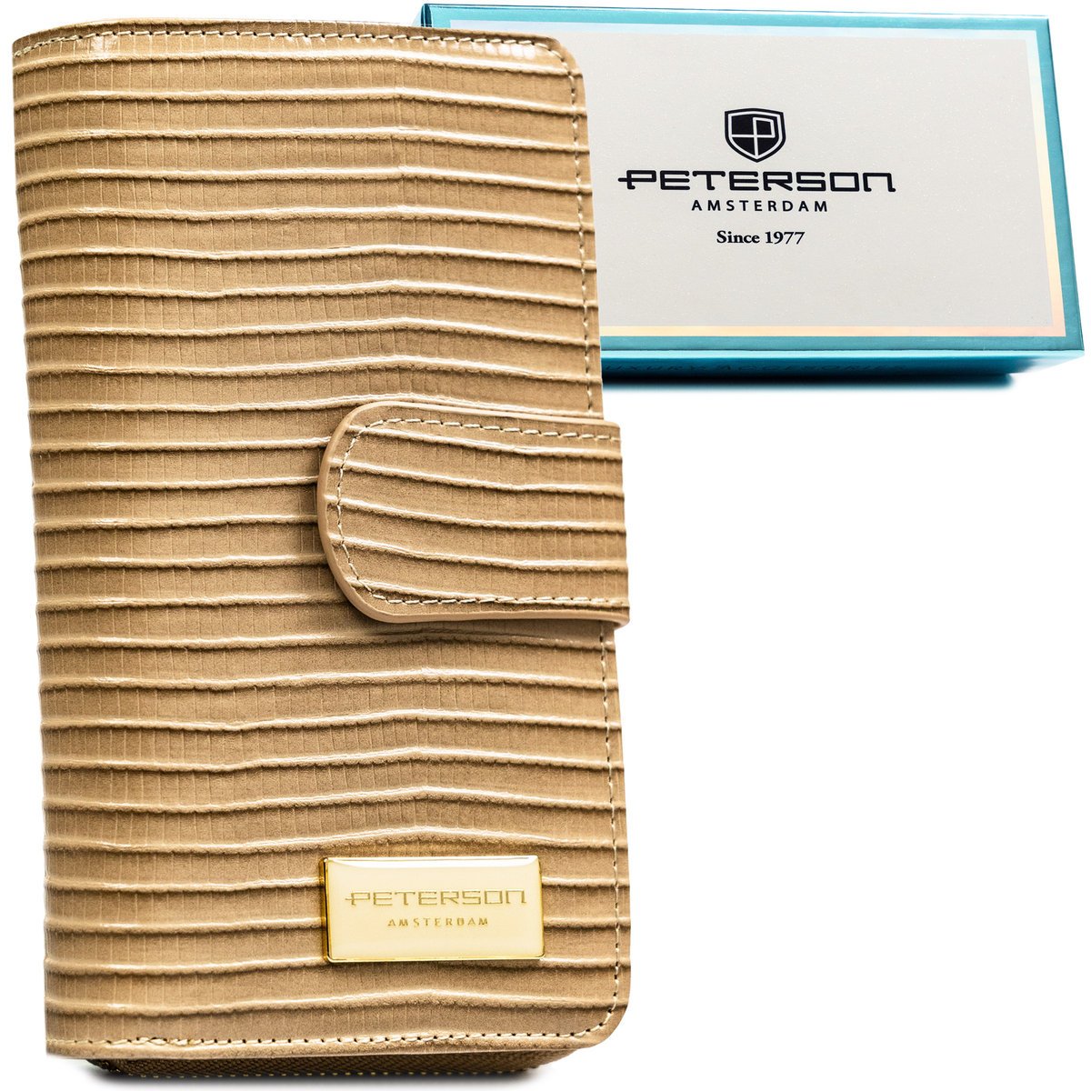 Portfel damski na karty PETERSON rfid stop lakierowany duży na zatrzask i suwak skóra naturalna i ekologiczna pionowy rozbudowany beżowy elegancki p..