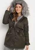 Kurtki damskie - Zielono-Szara Kurtka Parka z Futerkowym Odpinanym Zdobieniem przy Kapturze Inellae - miniaturka - grafika 1