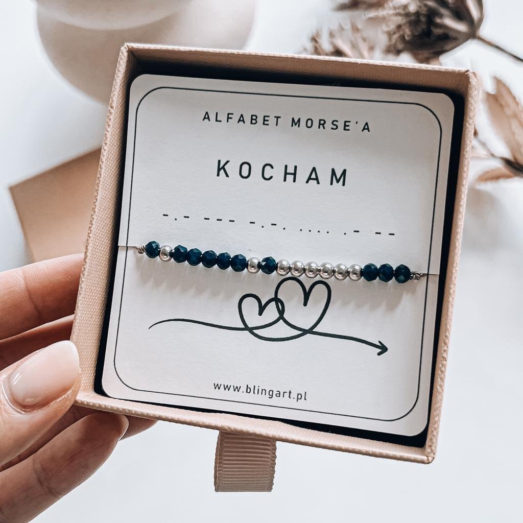 Bransoletka KOCHAM kodowana alfabetem morse'a kamienie naturalne stal chirurgiczna