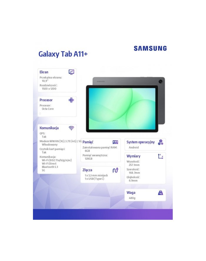 samsung Galaxy Tab A11+ X236 10.9 cala 5G 6/128GB Szary Enterprise Edition SM-X236BZAREEE