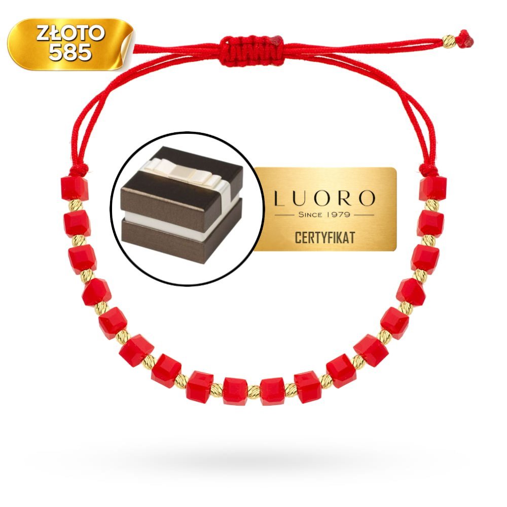 BRANSOLETKA ZŁOTA 585 14K DIAMENTOWANE KULKI CZERWONE KAMIENIE REGULOWANA 25 CM