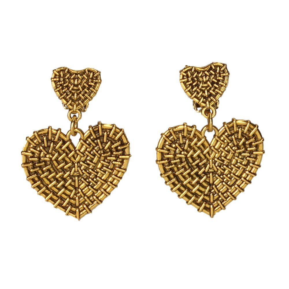 Klipsy do uszu złote serca wiszące- retro, boho