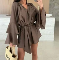 Sukienki - Zwiewna letnia sukienka z paskiem - Brązowy L - miniaturka - grafika 1