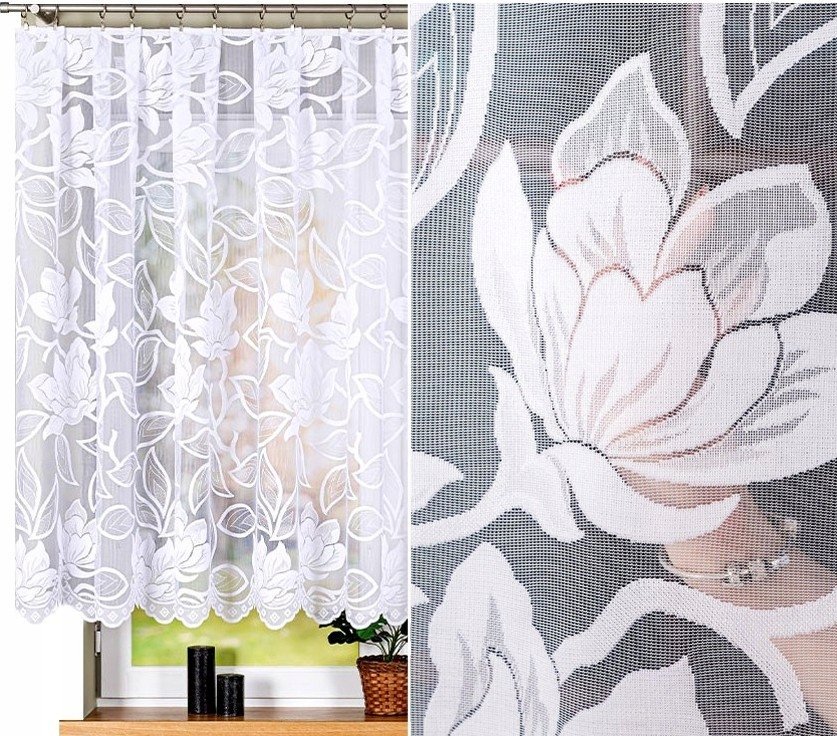Firana żakardowa wzór 023338, 400x140cm prosta w kwiaty (z obszyciem)