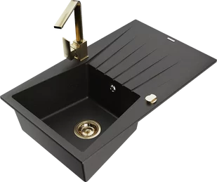 Mexen Cesar zlewozmywak granitowy 1-komorowy z ociekaczem i baterią kuchenną Rita, czarny/złoty metalik - 6514-75-670300-50 - Zlewozmywaki z baterią - miniaturka - grafika 1