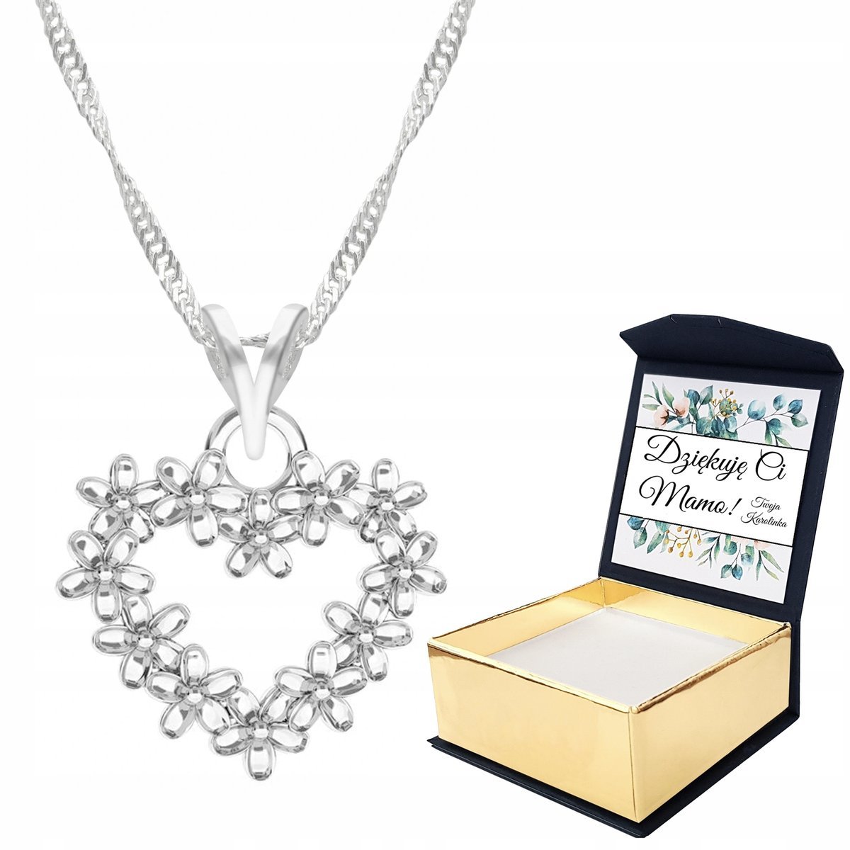 Naszyjnik srebrny Serce w Kwiaty + WŁASNY NADRUK
