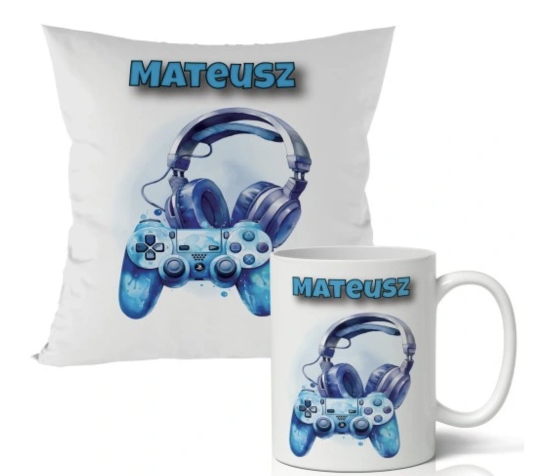 ZESTAW PODUSZKA + KUBEK Prezent DLA GRACZA PAD SŁUCHAWKI + IMIĘ 8
