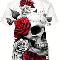 Koszulki męskie - TEMU Męska koszulka z nadrukiem 3D czaszki i róży - swobodny, z okrągłym dekoltem, krótkim rękawem, poliestrowy, letni styl, regularny kroju, doroska - miniaturka - grafika 1