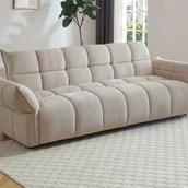 Sofy i kanapy - Kanapa 3-osobowa rozkładana z beżowej tkaniny szenilowej HAKEMO - miniaturka - grafika 1