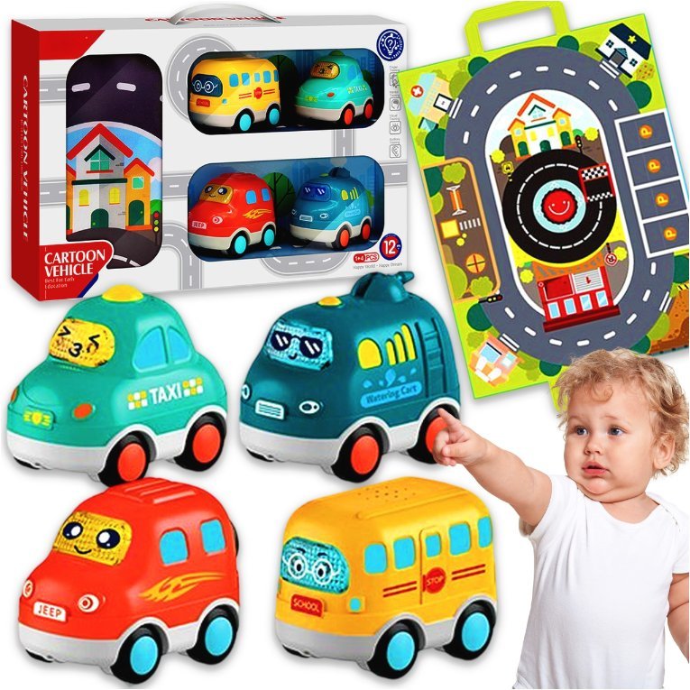 ZESTAW 4 SAMOCHODÓW AUTKA ZE ŚWIATLEM DŹWIĘKIEM KOCYK MATA DROGA MIEJSKA