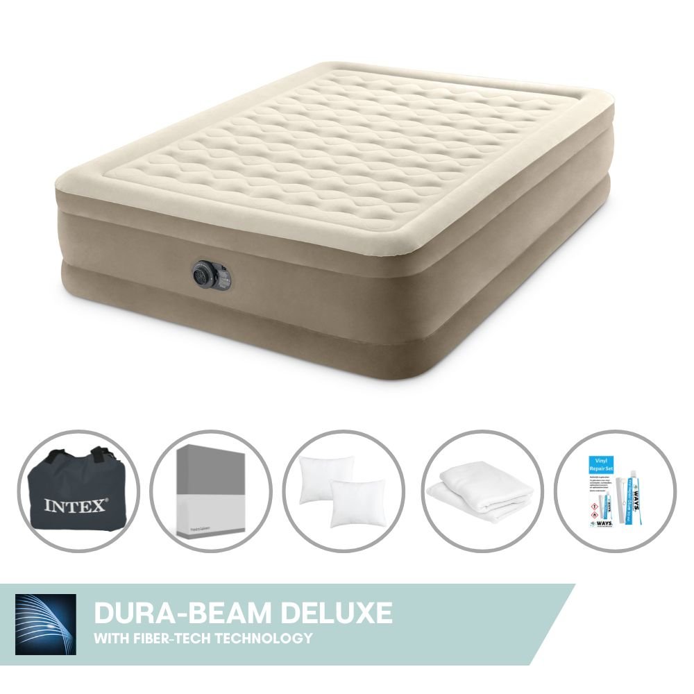 Dmuchane łóżko Intex - 2 osoby - 152 x 203 x 46 cm - beżowe - z wbudowaną pompką + prześcieradło antracytowe + poduszka + poszewki Molton 2 w 1 + zestaw naprawczy