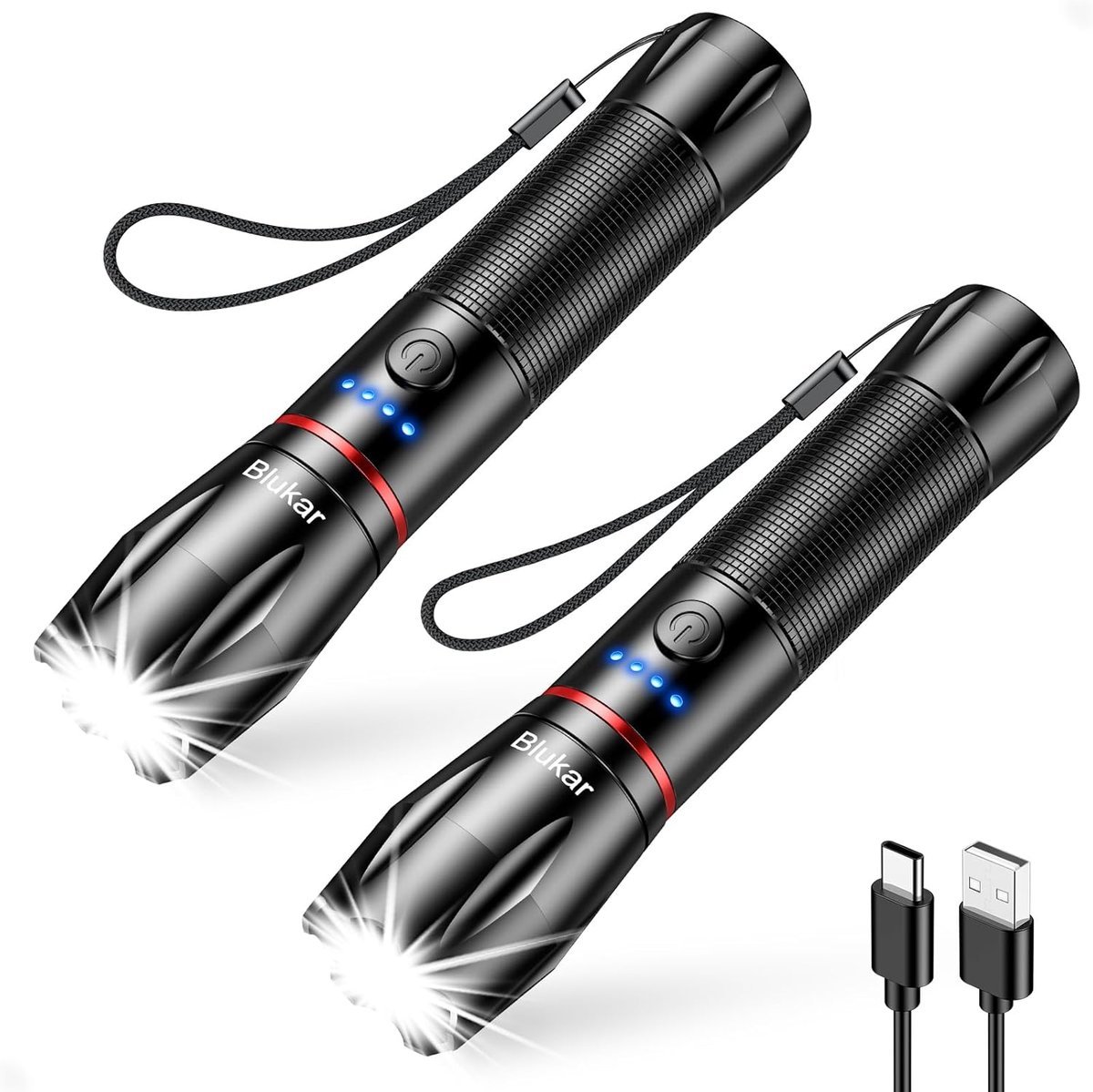 Blukar LED Latarka Ładowalna, 2 Sztuki Super Jasna Latarka z 5 Trybami, Regulowanym Ogniskowaniem, Wodoodporna do Campingu, Biegania, Spacerów z Pse..
