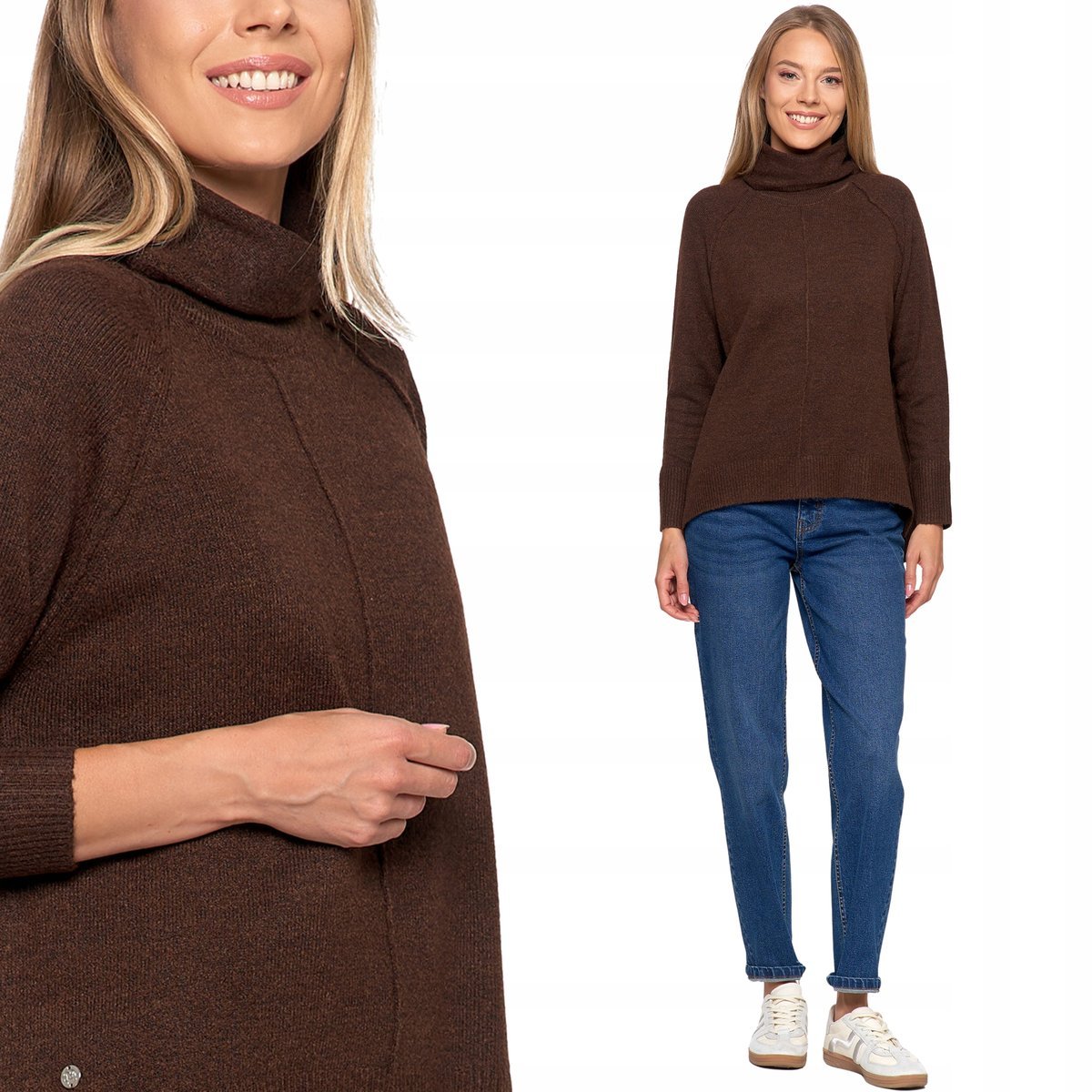 MIĘKKI CIEPŁY LUŹNY SWETER DAMSKI Z GOLFEM WYDŁUŻONY TYŁ MORAJ BRĄZ L/XL BROWN