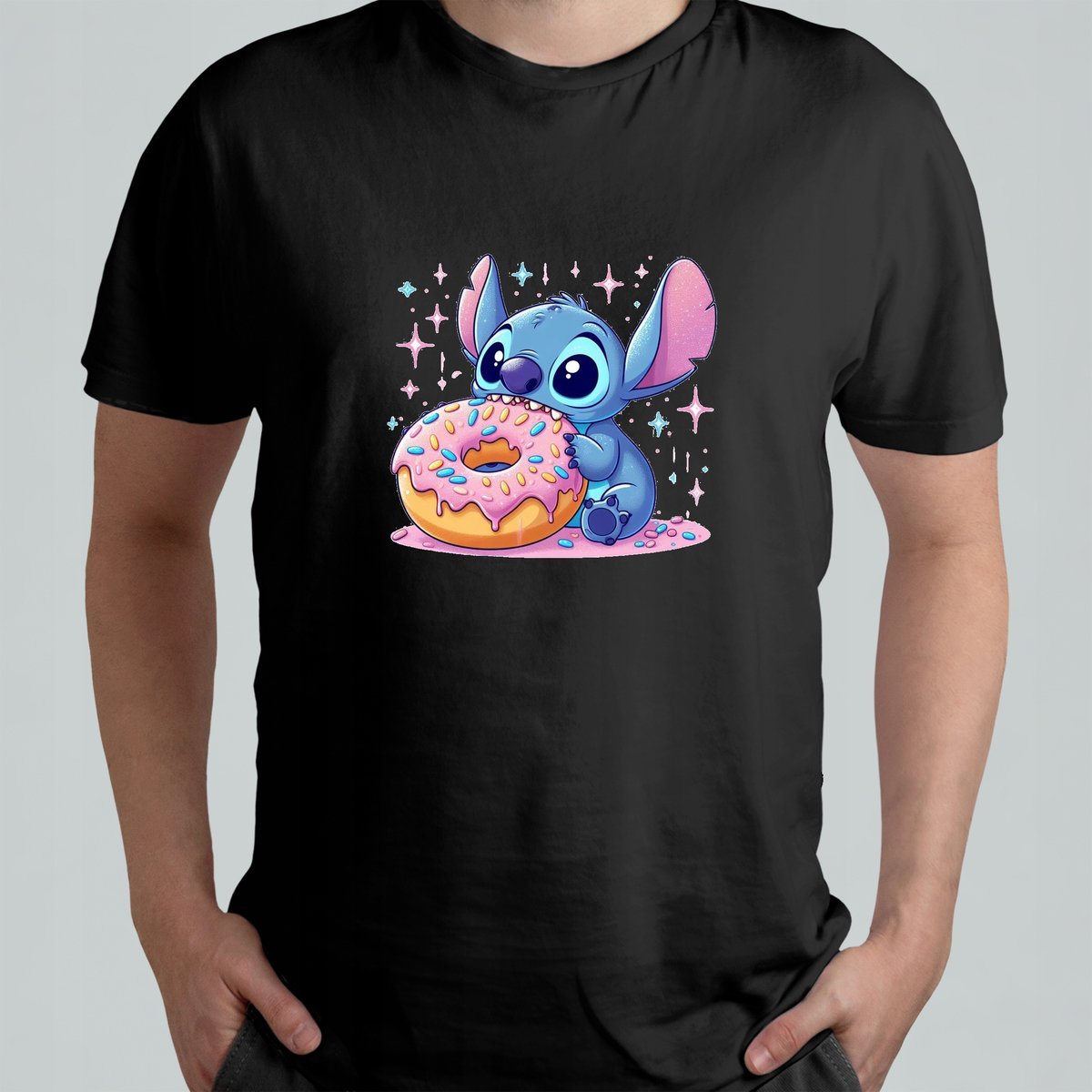 CZARNA KOSZULKA Z NADRUKIEM MĘSKA ŚMIESZNA T-SHIRT STICZ STICH STITCH r. L
