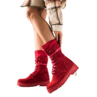 Botki damskie - ARTIKER Wysokie Workery Ze Skóry czerwone - miniaturka - grafika 1