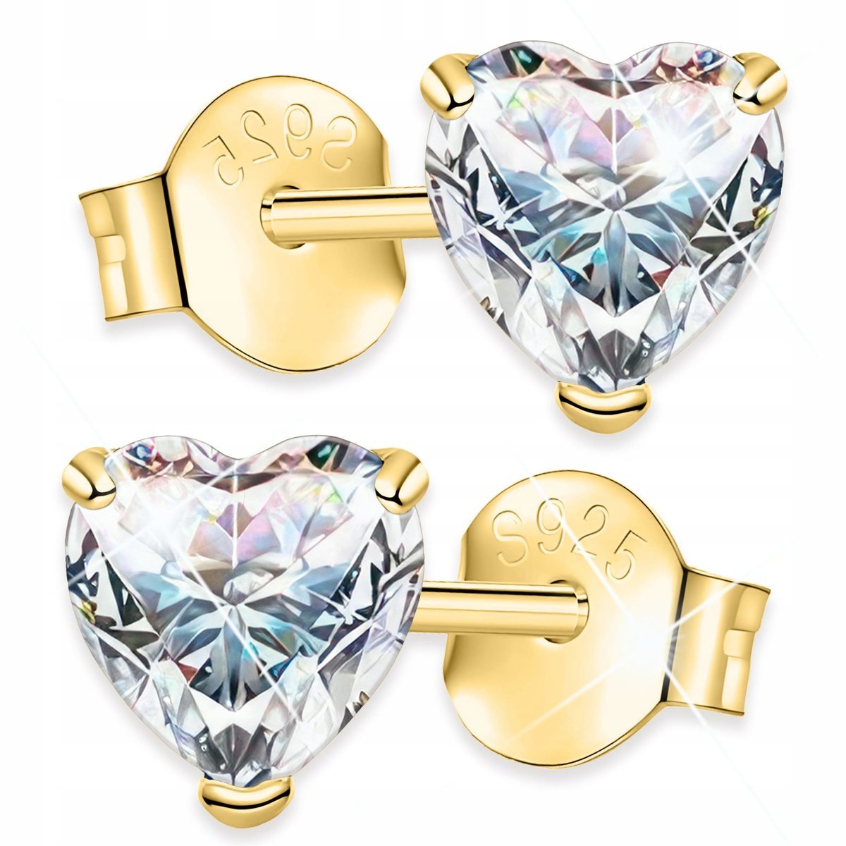 Złote Kolczyki Kryształowe Białe Serca z Cyrkonią Serduszka SREBRO 925