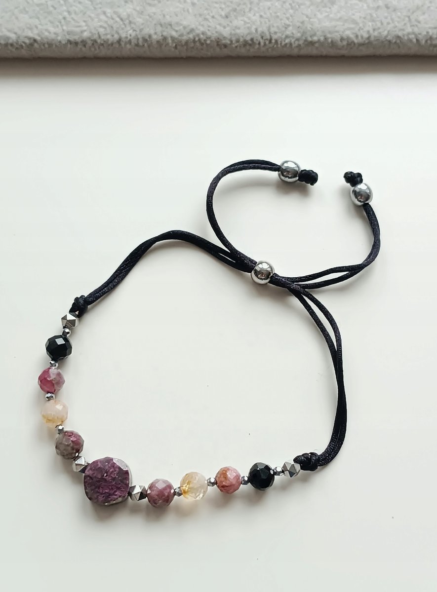 BRANSOLETKA REGULOWANA CYTRYN CZARNY RÓŻOWY TURMALIN HEMATYT STAL STOPER