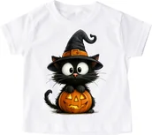 Koszulki dla dziewczynek - Biała koszulka na Dzień dyni z fajnym nadrukiem kotdynia70 - miniaturka - grafika 1