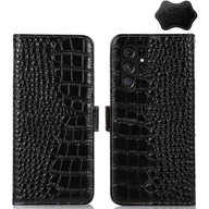 Etui i futerały do telefonów - Do Samsung Galaxy S23 Ultra 5G Crocodile Top Layer Skórzane etui na telefon ze skóry bydlęcej Czarny - miniaturka - grafika 1