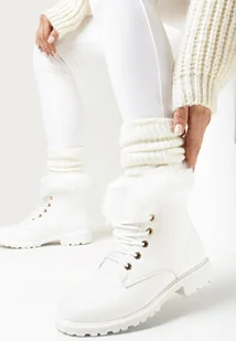 Białe Sznurowane Botki Traperki Ozdobione i Ocieplone Futerkiem Tuval - Botki damskie - miniaturka - grafika 1