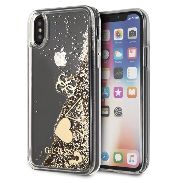 Guess Liquid Glitter Hearts - Etui iPhone Xs / X złoty GUHCPXGLHFLGO