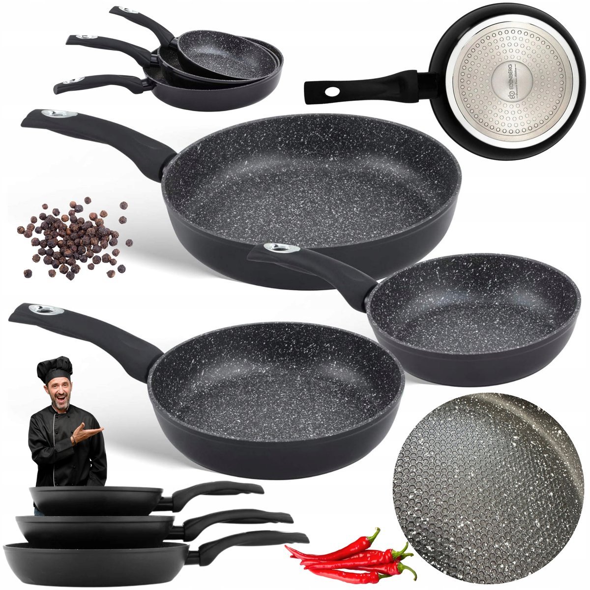 DUŻY ZESTAW PATELNI MARMURKOWYCH PLATSER MIODU Zestaw PATELNII 20/24/28cm