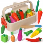 Zabawy w naśladowanie dorosłych - DREWNIANE WARZYWA DO KROJENIA CIĘCIA NA MAGNES W SKRZYNCE ZESTAW Z NOŻYKIEM - miniaturka - grafika 1