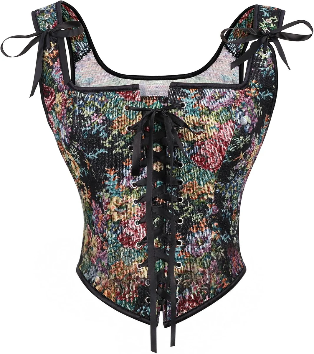 GORSET KWIATOWY SZNUROWANY VINTAGE GOTYCKI CZARNY ŚREDNIOWIECZNY DAMSKI TOP