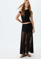 Koszulki i topy damskie - Stradivarius Asymetryczna koszulka koronkowa Czarny L - miniaturka - grafika 1