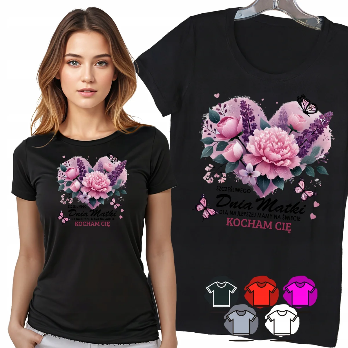 KOSZULKA DAMSKA T-SHIRT - SZCZĘŚLIWEGO DNIA MATKI RÓŻOWE KWIATY WZÓR - L