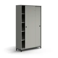 Szafy biurowe - Zamykana szafa przesuwna QBUS, 4 półki, nóżki, uchwyty, 2020x1200x400 mm, czarny, jasnoszary - miniaturka - grafika 1