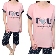 Piżamy damskie - Piżama damska różowa 3/4 spodnie granatowe w serduszka XXL - miniaturka - grafika 1