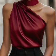 Koszule damskie - TEMU Elegancka Burgundowa Bluzka z Kołnierzykiem na Szyję - Bezrękawnik w Kształcie Litery A z Falbanką, Pranie w Pralce, Jednokolorowa Koszula na - miniaturka - grafika 1