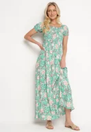 Sukienki - Zielona Rozkloszowana Sukienka w Kwiaty z Marszczonym Dekoltem Disteria - miniaturka - grafika 1
