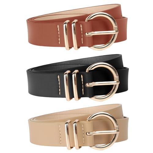 Euqvunn 3PCS PU Pasek Damski, Damski Szeroki Pasek w Retro, Damskich Pasków, Regulowany Modny Pasek do Sukienki z Metalową Klamrą, Pasek dla Kobiet do Spodni Sukienek, 105x2.9cm Czarny Brązowy Beżowy
