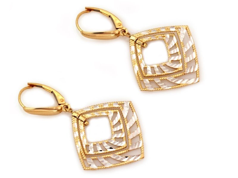 Kolczyki złote 585 wiszące ażurowe dwukolorowe frezowane 4.00g