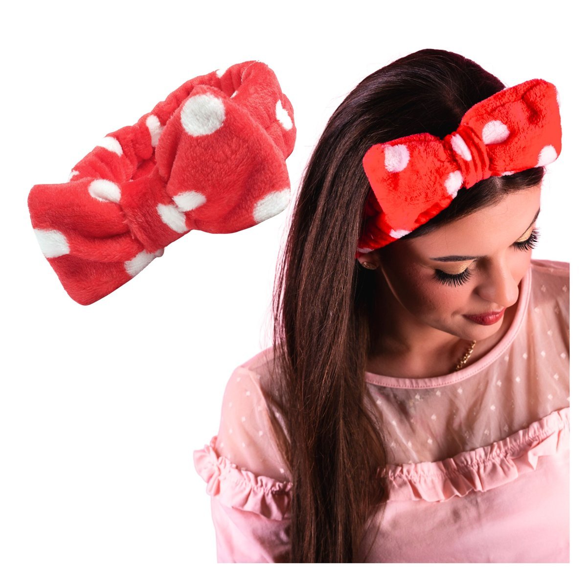 Opaska Kosmetyczna Czerwona do Makijażu z Kokardą Kropki Elastyczna Miękka