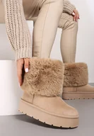 Śniegowce damskie - Ciemnobeżowe Krótkie Śniegowce na Platformie z Futerkiem Naontia - miniaturka - grafika 1