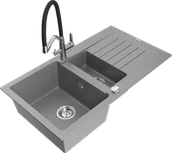 Zlewozmywaki z baterią - Mexen Matias zlewozmywak granitowy 1,5-komorowy z ociekaczem i baterią kuchenną Duo, szary - 6502-71-671701-07 - miniaturka - grafika 1