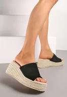 Klapki i japonki damskie - Czarne Klapki na Plecionym Koturnie z Szerokim Paskiem Limasja - miniaturka - grafika 1