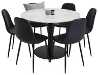 Stoły z krzesłami - EstelleØ106WHBL zestaw do jadalni stół do jadalni biały, marmur oraz 6 Polar krzesło stołowe czarny skóra syntetyczna. - miniaturka - grafika 1