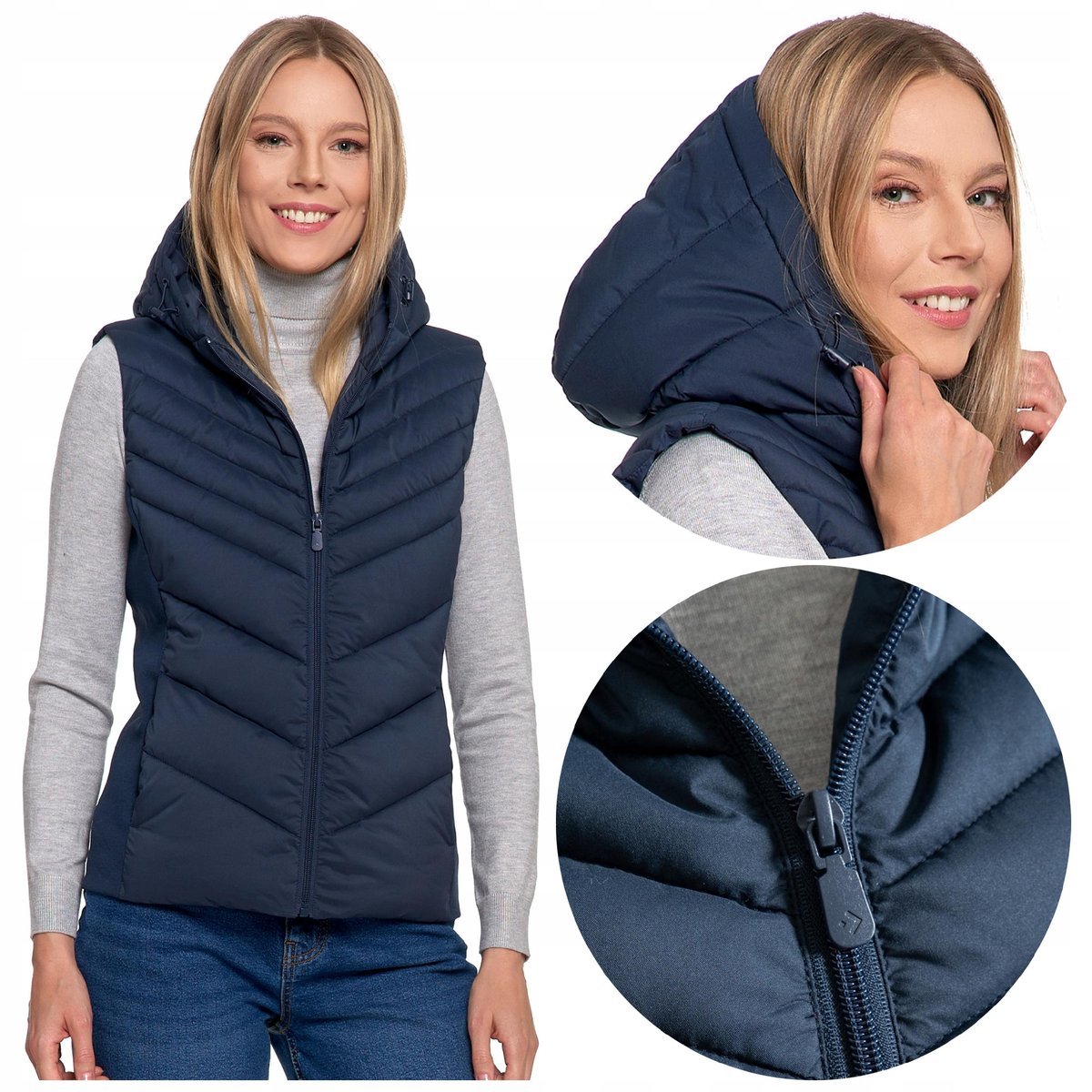 KAMIZELKA DAMSKA KRÓTKA PIKOWANA Z KAPTUREM BEZRĘKAWNIK JESIEŃ MORAJ r. S