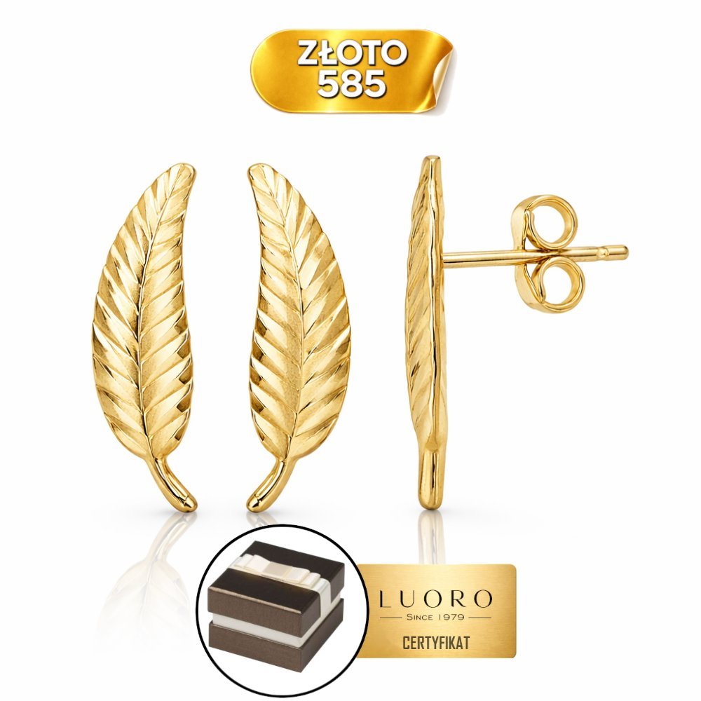 KOLCZYKI ZŁOTE 585 14K DIAMENTOWANE LISTKI 18 MM SZTYFT ELEGANCKIE
