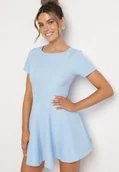 Sukienki - Jasnoniebieska Rozkloszowana Sukienka z Krótkim Rękawem i Ozdobnymi Przeszyciami Meporea - miniaturka - grafika 1