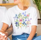 Koszulki i topy damskie - Biała damska koszulka Z NADRUKIEM KWIATKI7 - miniaturka - grafika 1