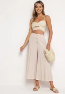 Spodnie damskie - Beżowe Spodnie Palazzo z Wiskozy z Gumką w Pasie Ozdobione Guzikami z Nogawkami 3/4 Efilis - miniaturka - grafika 1